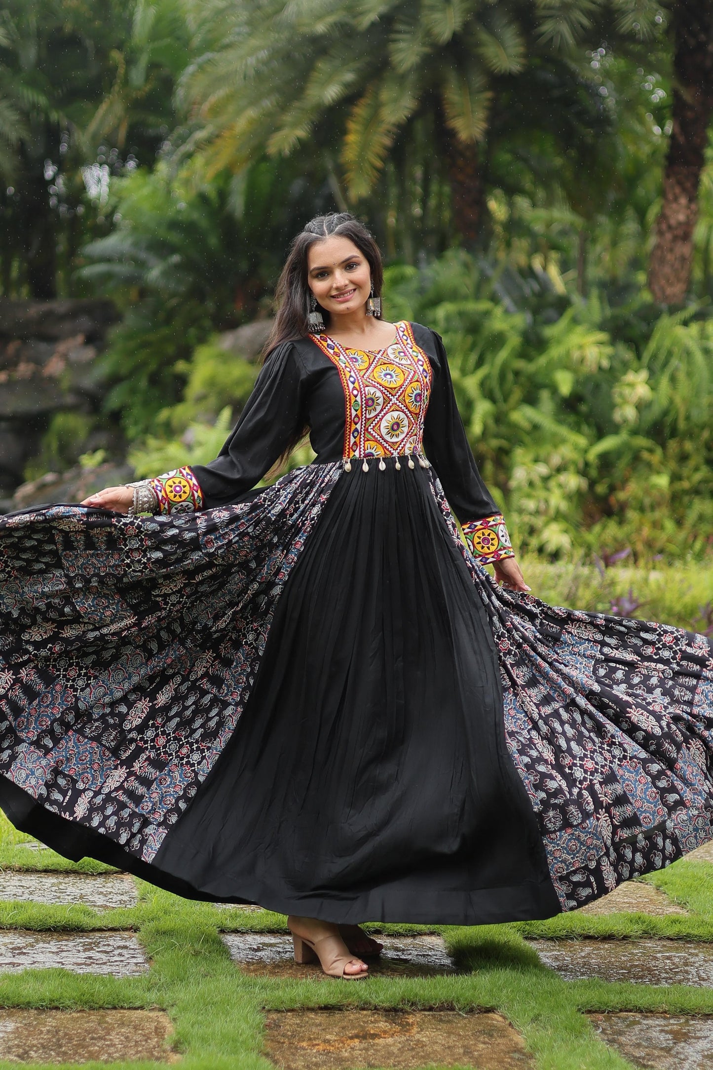 Designer Heavy Black and Maroon Gown Made From Heavy 14 kg Rayon With Contrast of Printed Rayon Fabric in Flair and Kutchi Gamthi Lace