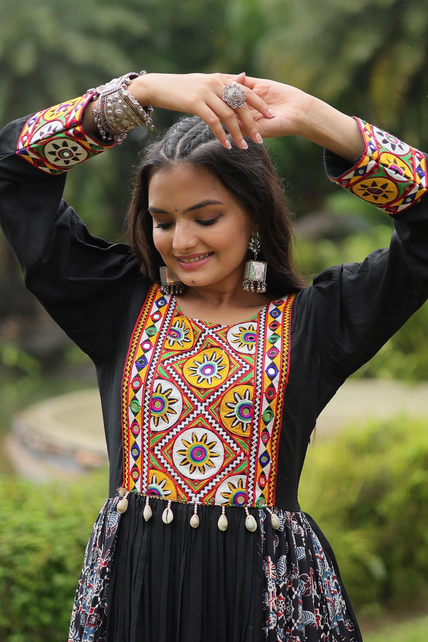 Designer Heavy Black and Maroon Gown Made From Heavy 14 kg Rayon With Contrast of Printed Rayon Fabric in Flair and Kutchi Gamthi Lace