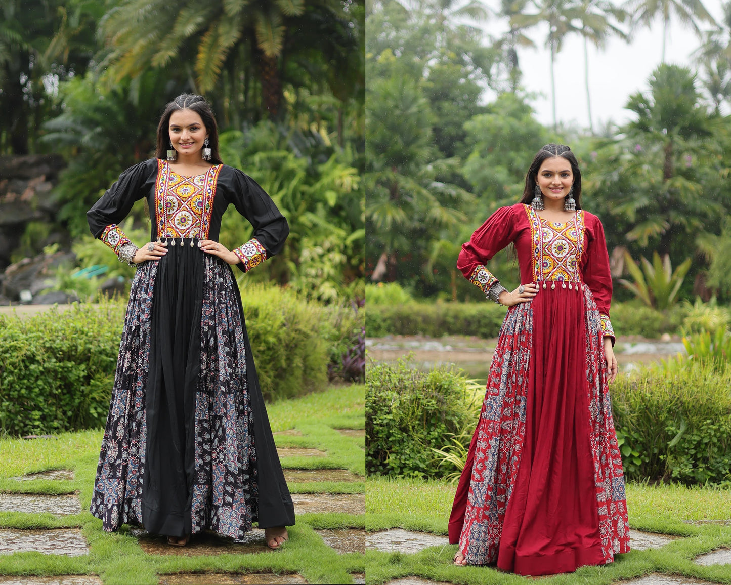 Designer Heavy Black and Maroon Gown Made From Heavy 14 kg Rayon With Contrast of Printed Rayon Fabric in Flair and Kutchi Gamthi Lace