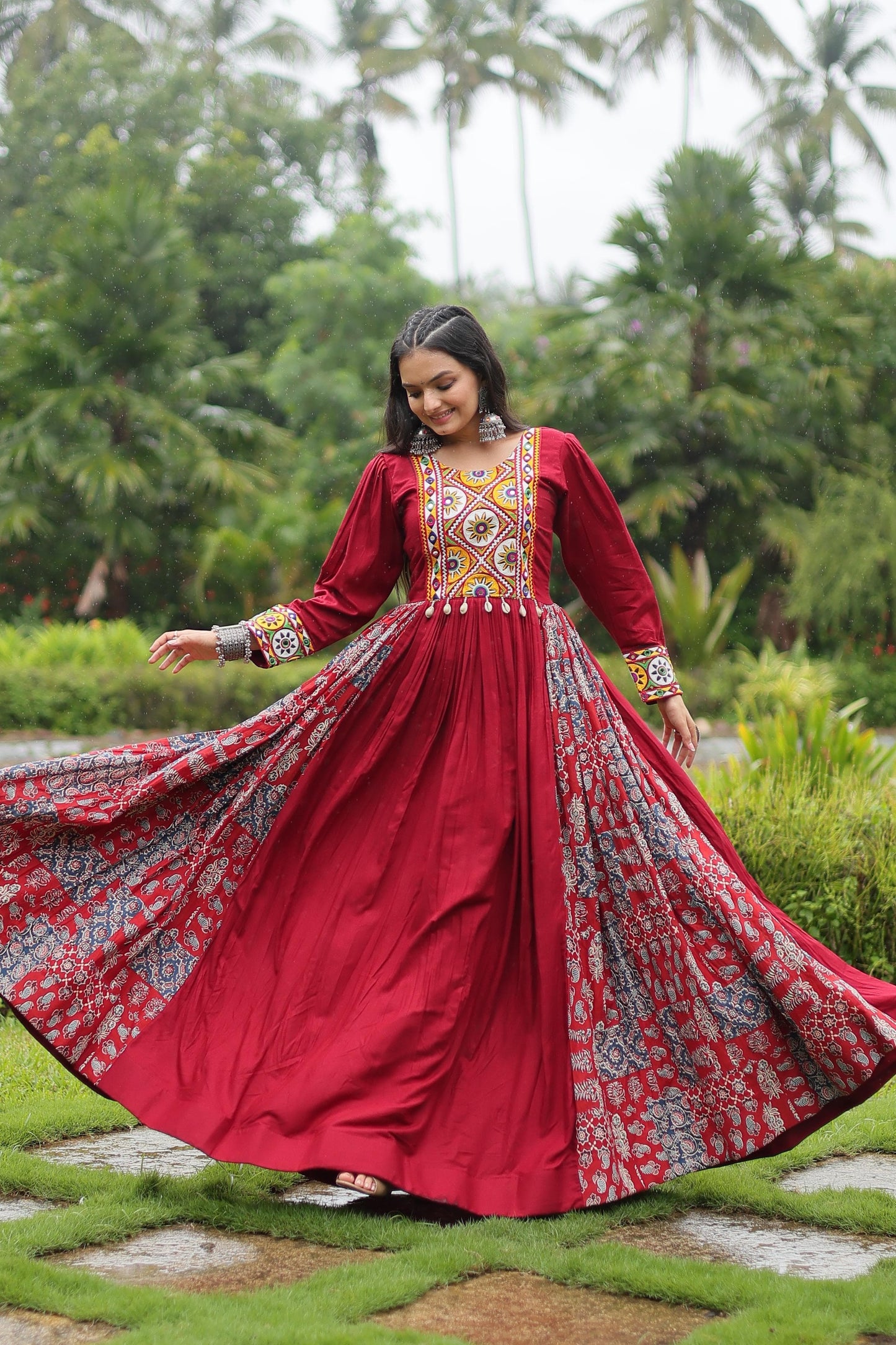 Designer Heavy Black and Maroon Gown Made From Heavy 14 kg Rayon With Contrast of Printed Rayon Fabric in Flair and Kutchi Gamthi Lace