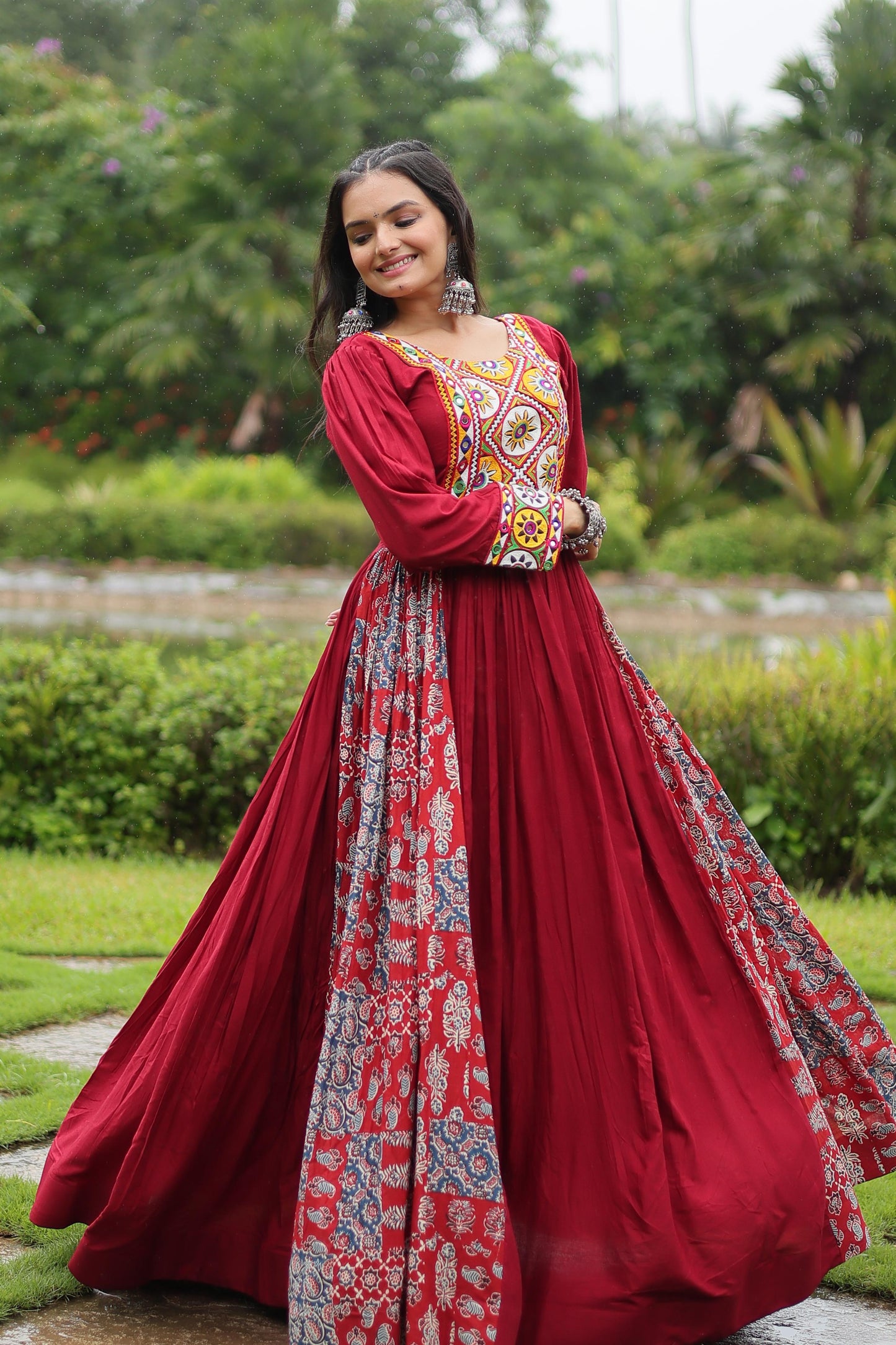 Designer Heavy Black and Maroon Gown Made From Heavy 14 kg Rayon With Contrast of Printed Rayon Fabric in Flair and Kutchi Gamthi Lace