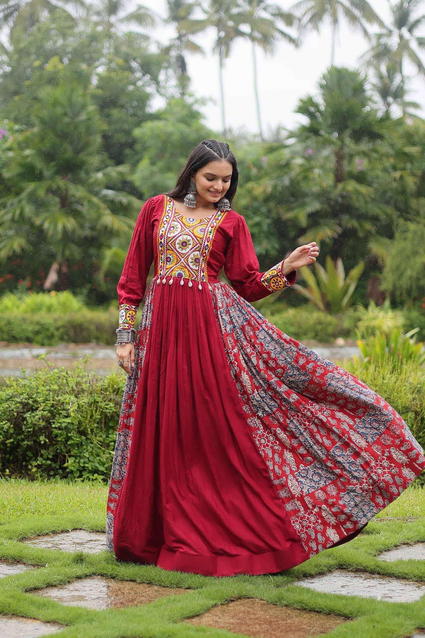 Designer Heavy Black and Maroon Gown Made From Heavy 14 kg Rayon With Contrast of Printed Rayon Fabric in Flair and Kutchi Gamthi Lace