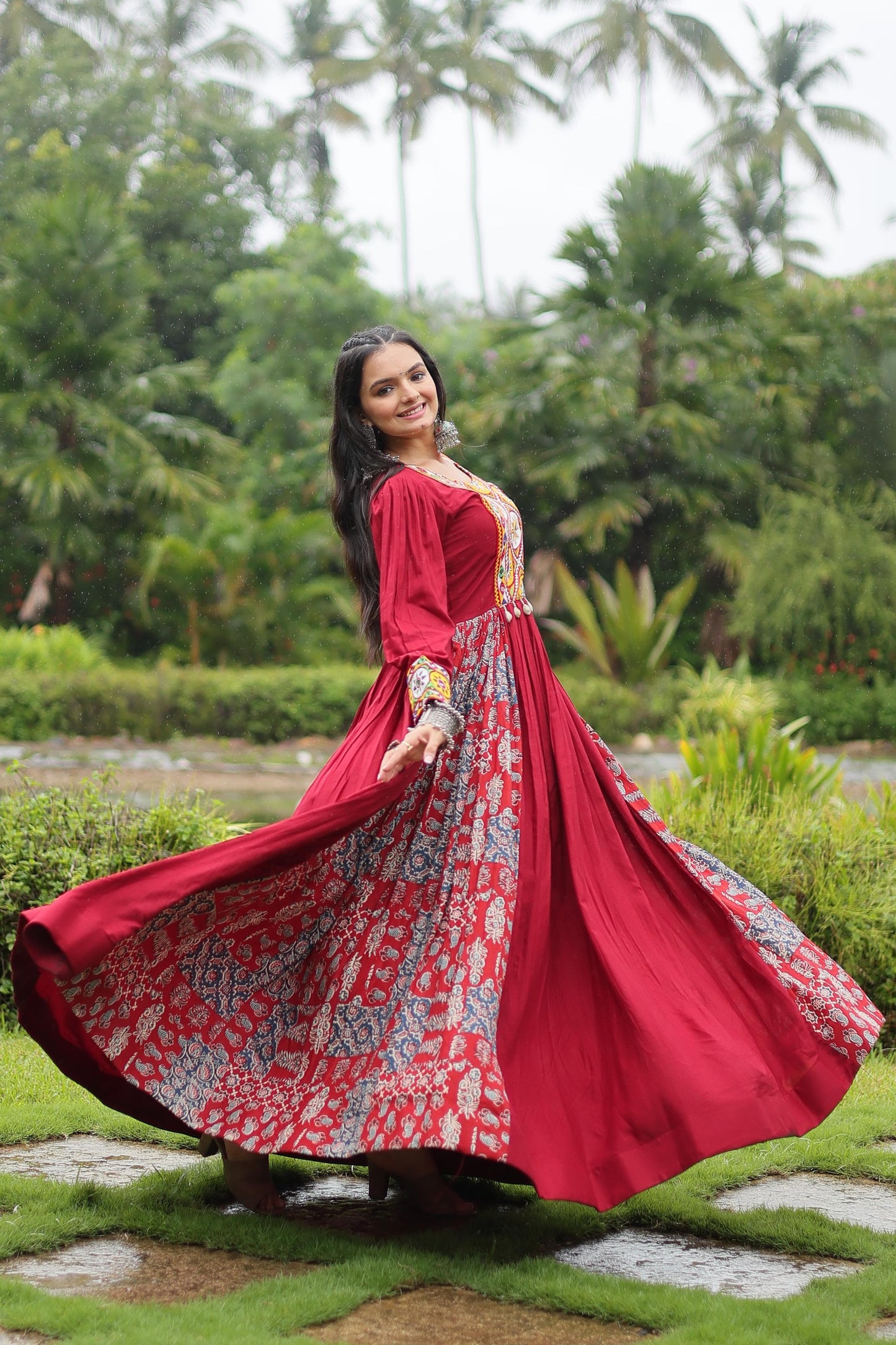 Designer Heavy Black and Maroon Gown Made From Heavy 14 kg Rayon With Contrast of Printed Rayon Fabric in Flair and Kutchi Gamthi Lace