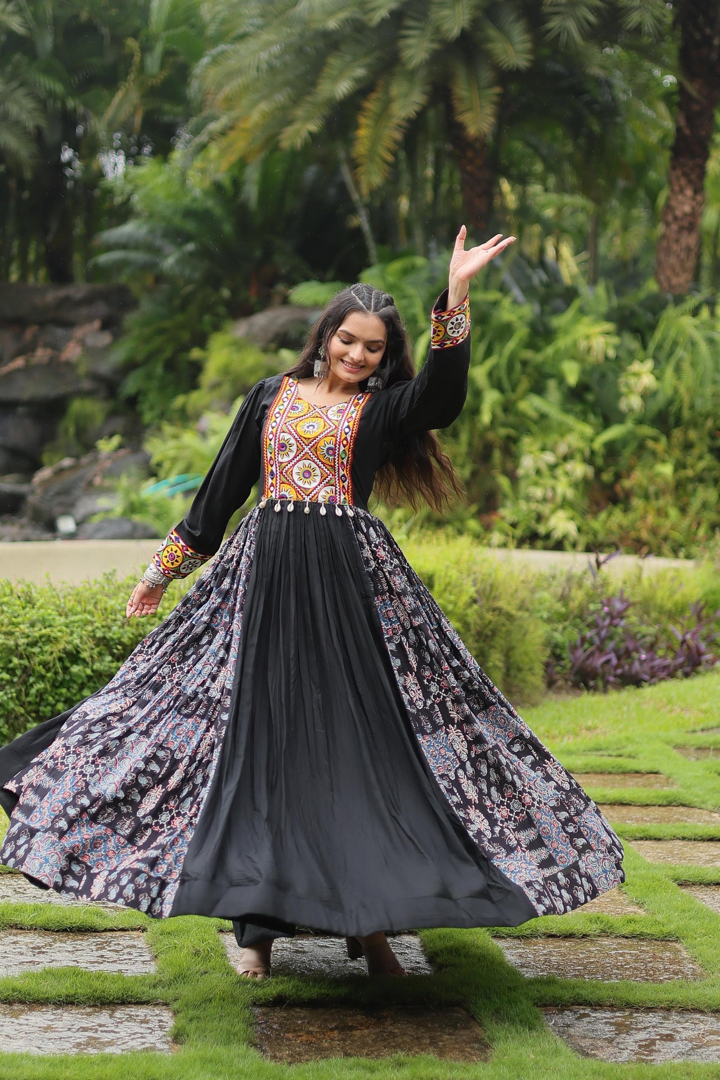 Designer Heavy Black and Maroon Gown Made From Heavy 14 kg Rayon With Contrast of Printed Rayon Fabric in Flair and Kutchi Gamthi Lace