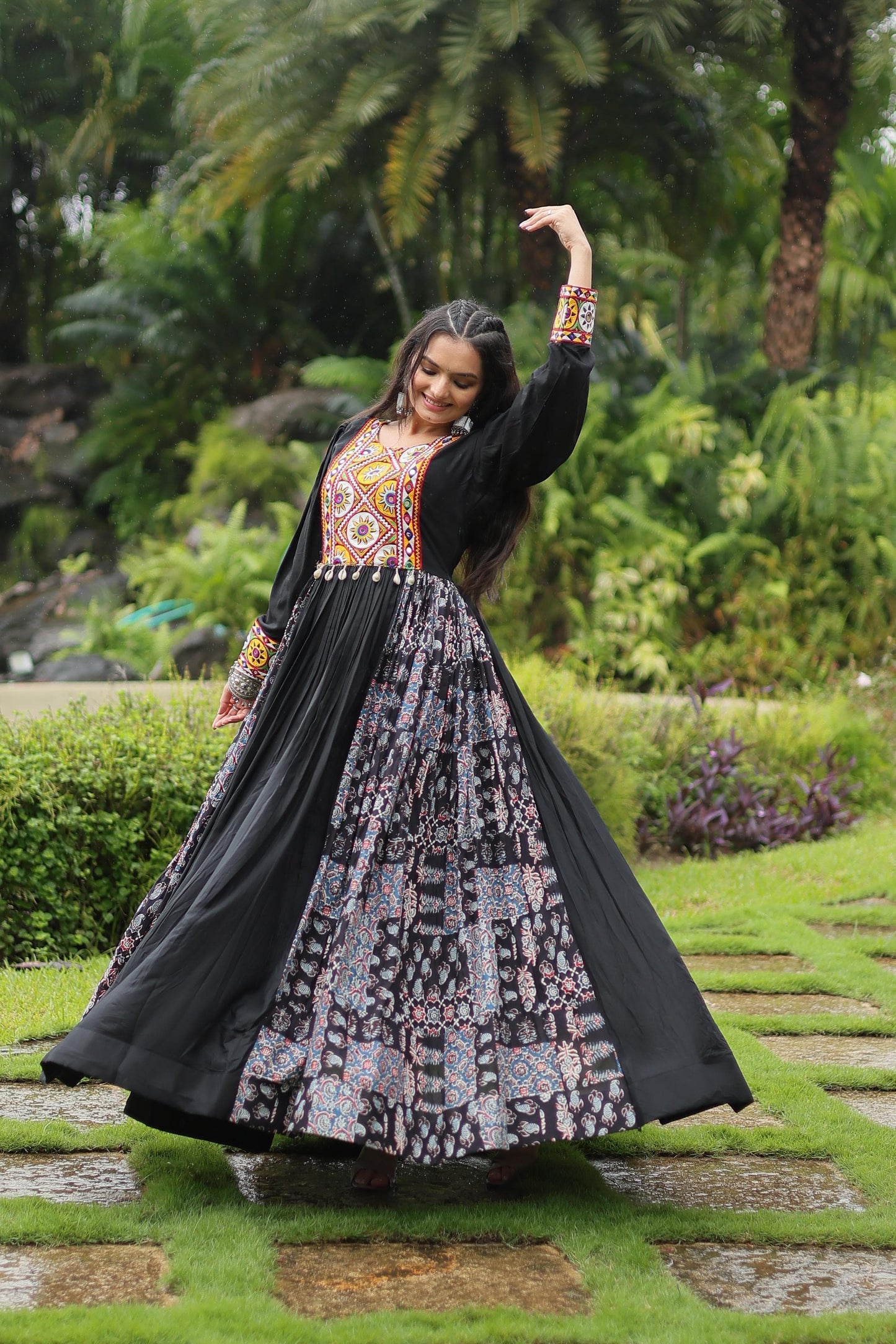 Designer Heavy Black and Maroon Gown Made From Heavy 14 kg Rayon With Contrast of Printed Rayon Fabric in Flair and Kutchi Gamthi Lace