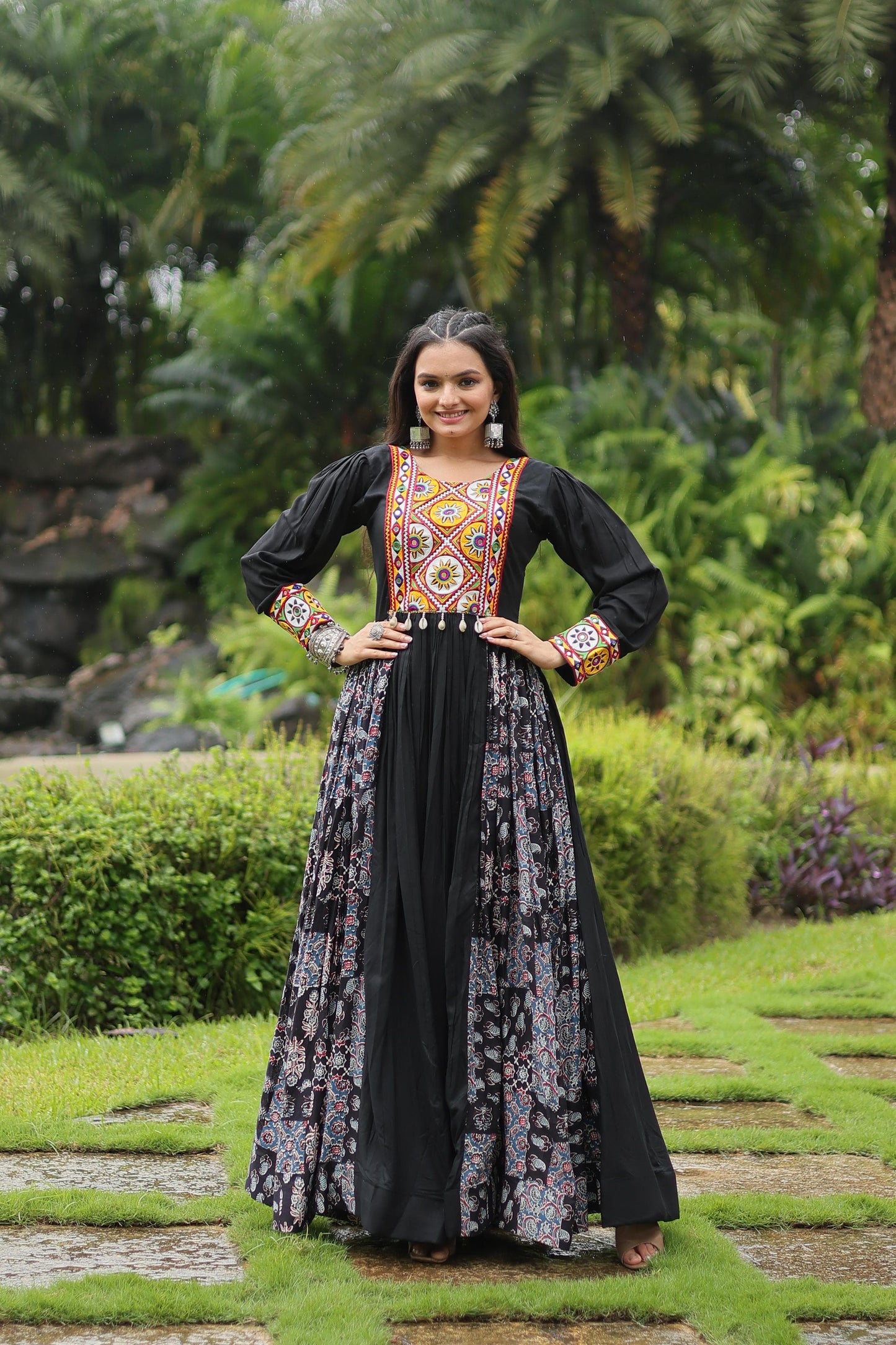 Designer Heavy Black and Maroon Gown Made From Heavy 14 kg Rayon With Contrast of Printed Rayon Fabric in Flair and Kutchi Gamthi Lace