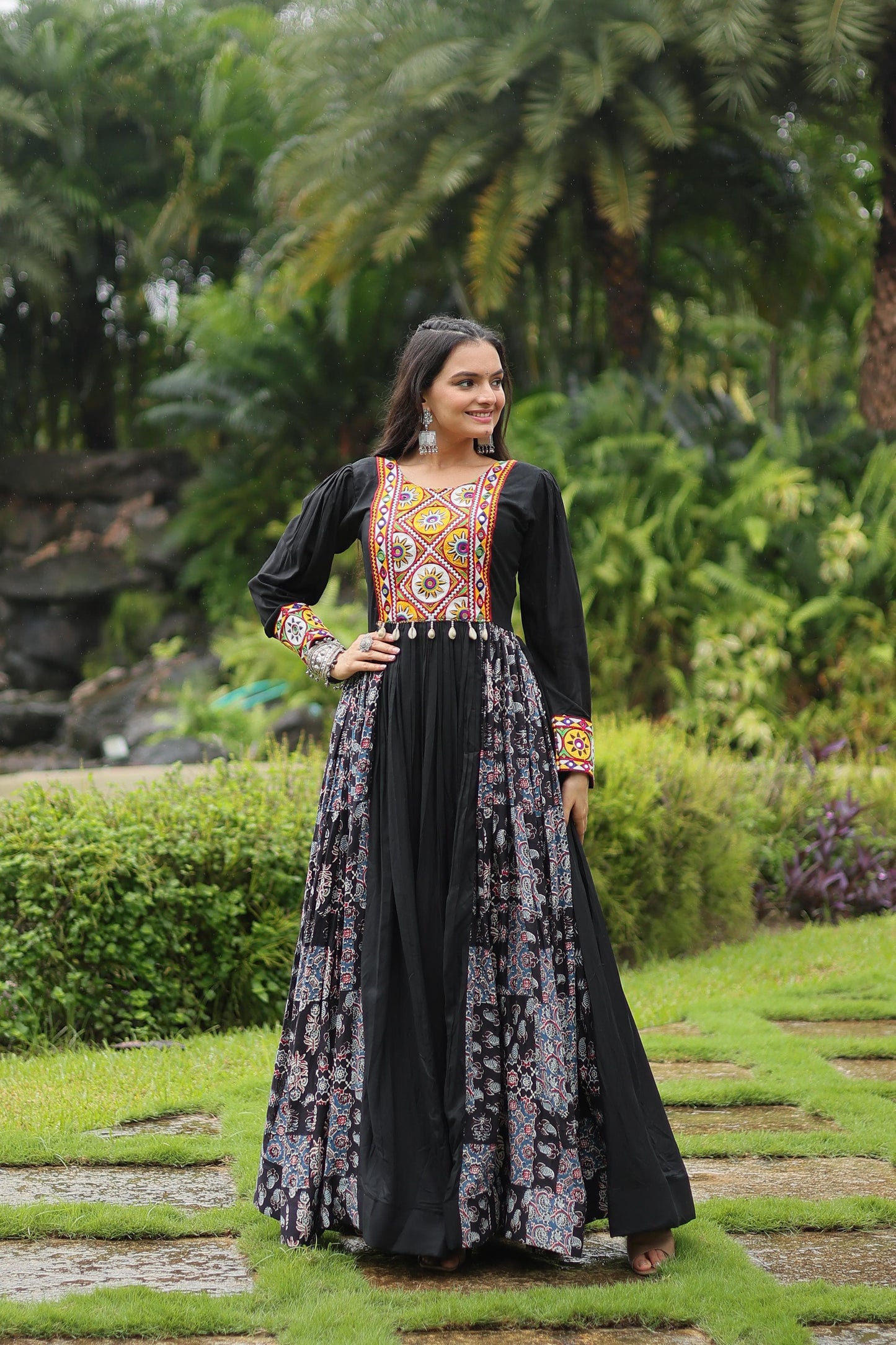 Designer Heavy Black and Maroon Gown Made From Heavy 14 kg Rayon With Contrast of Printed Rayon Fabric in Flair and Kutchi Gamthi Lace